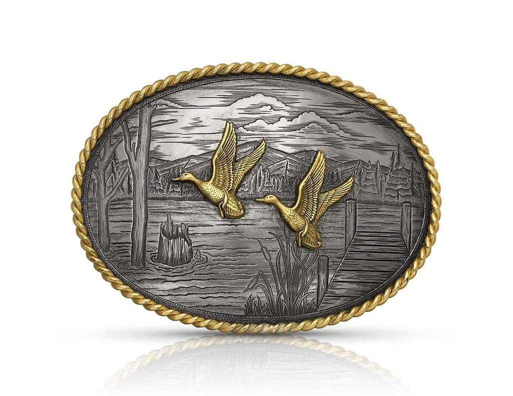 Montana Silversmiths On The Banks with Ducks Oval Rope Edge Western Belt Buckle