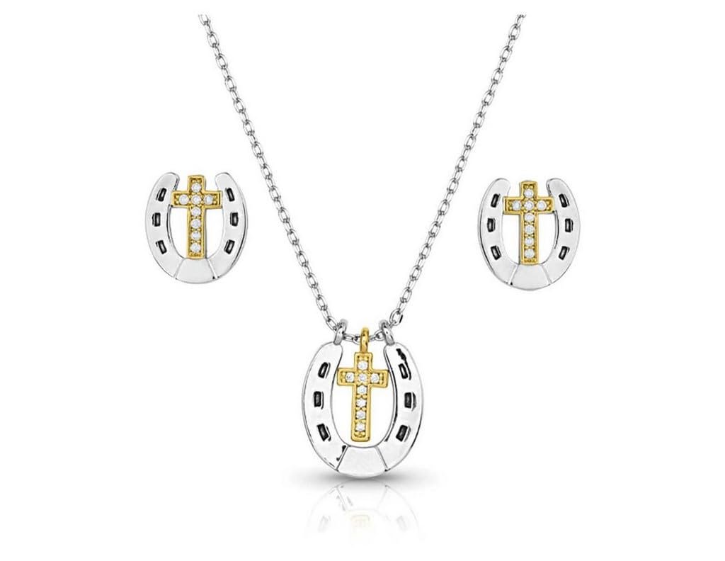 Montana Silversmiths Glowing Trails Cross Horseshoe Jewelry Set - JS5694