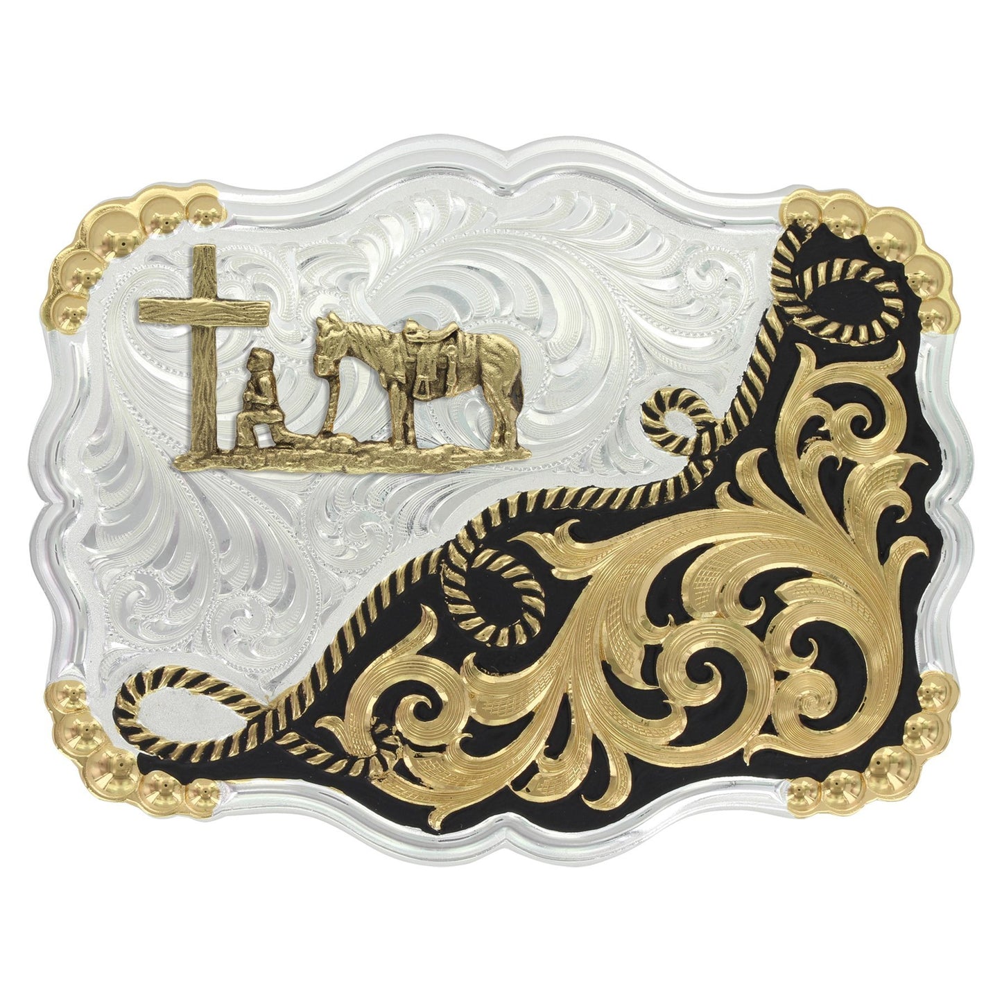 Montana Silversmiths Two Tone Half-N-Half Rope Christian Praying Cowboy Western Belt Buckle