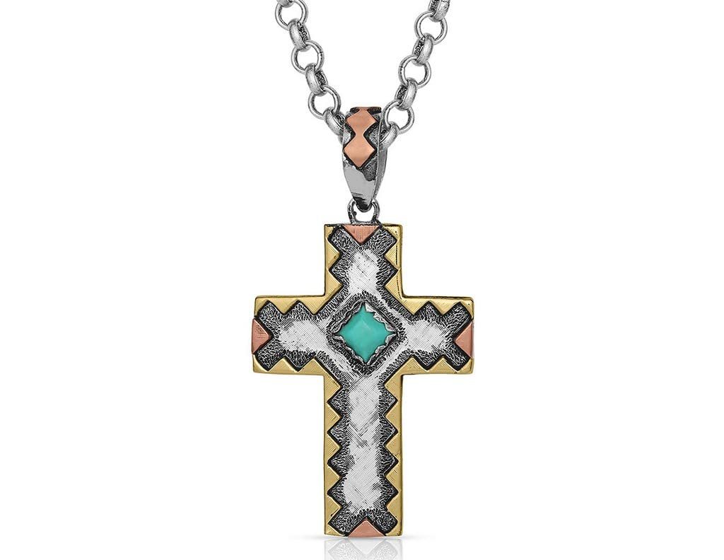 Montana Silversmiths Antiqued Serrated Cross Christian Faith Diamond-Shaped Turquoise 28 Inch Necklace