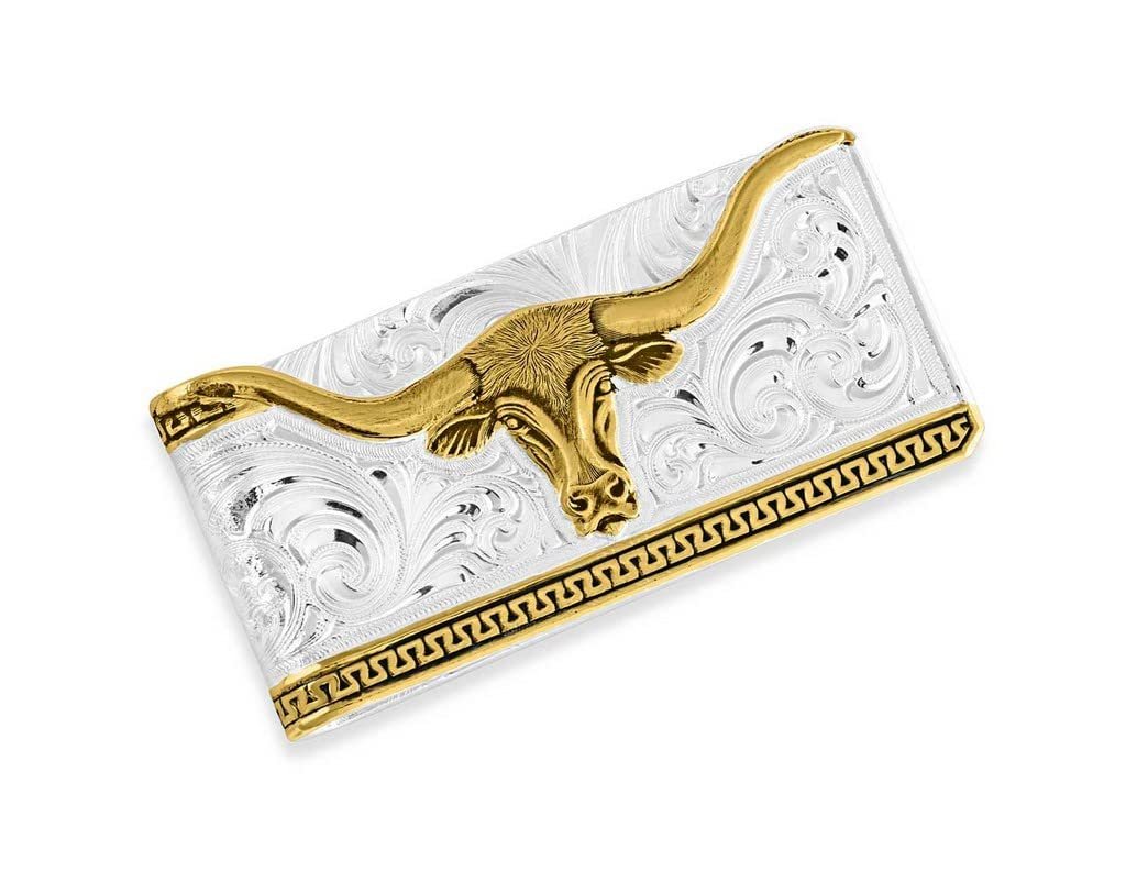 Montana Silversmiths Western Themed Money Clip, Made In USA (Two-Tone Carved Longhorn)
