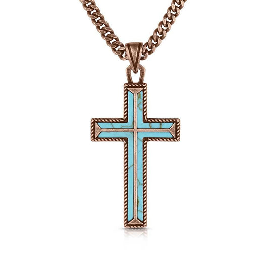 Montana Silversmiths Eternal Life Crafted Turquoise Rope Border Cross Pendant 25 Inch Split Chain Necklace