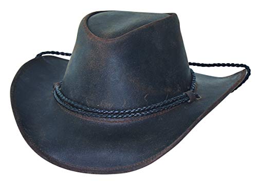 BULLHIDE Leather Collection Men's Hilltop Genuine Leather Aussie Style Cowboy Hat with 3" Brim