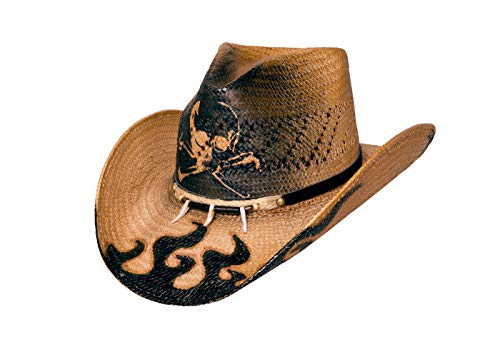 BULLHIDE Straw Collection Men's Dangerous Toyo Straw Cowboy Hat With Painted Skull And Flames, 3 1/2" Brim