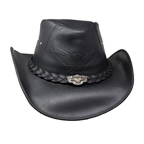 BULLHIDE Leather Collection Men's King of The Road Top Grain Leather Cowboy Hat with 3 3/8" Brim and Chin Cord