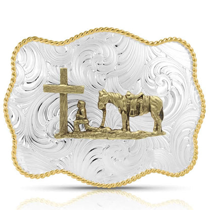 Montana Silversmiths Christian Faith Series Classic Western Buckle, Made In USA (Bold Engraved Scalloped Christian Cowboy)