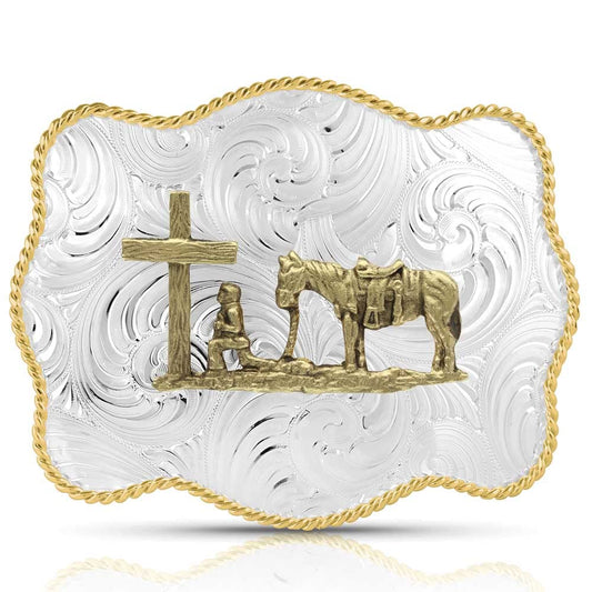 Montana Silversmiths Christian Faith Series Classic Western Buckle, Made In USA (Bold Engraved Scalloped Christian Cowboy)