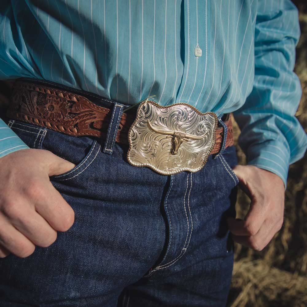 Montana Silversmiths Western Lifestyle Texas/Longhorn Made in the USA Buckle (Bold Engraved Scalloped)