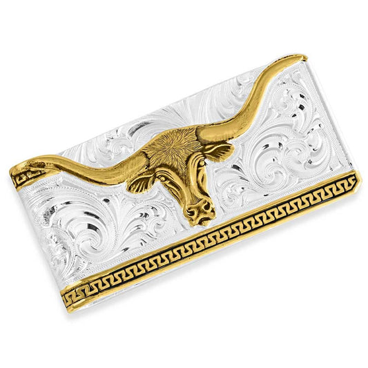 Montana Silversmiths Western Themed Money Clip, Made In USA (Two-Tone Carved Longhorn)