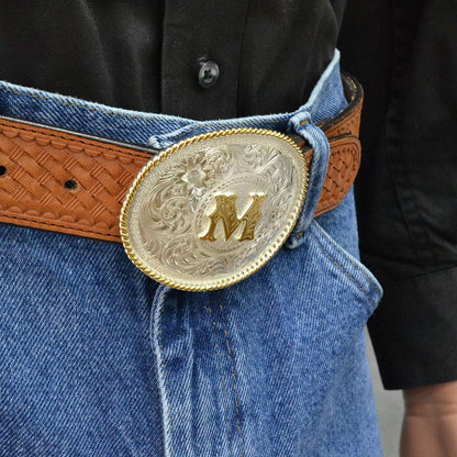 Montana Silversmith "M" Silver Engraved Gold Trim Western Belt Buckle - 700M