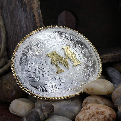 Montana Silversmith "M" Silver Engraved Gold Trim Western Belt Buckle - 700M