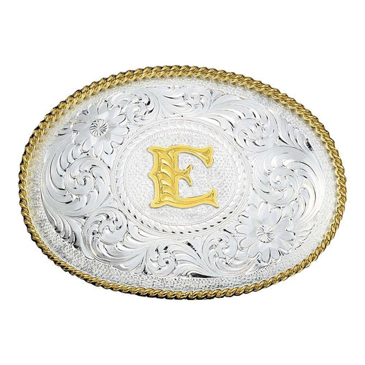 Montana Silversmiths Initial Silver Engraved Gold Trim Western Belt Buckle
