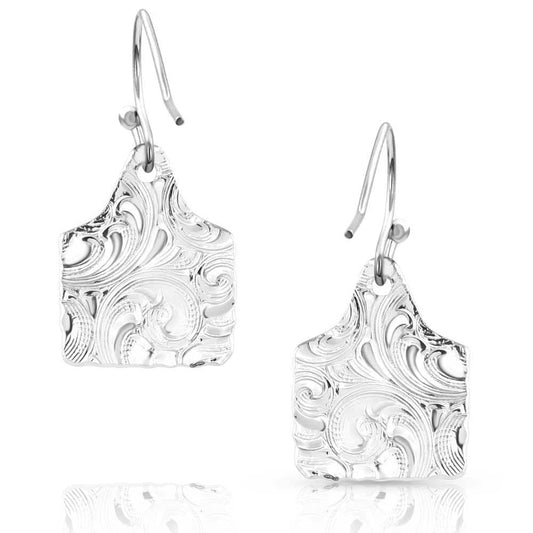 Montana Silversmiths Western Lifestyle Inspired Dangle Earrings (Chiseled Cow Tag)