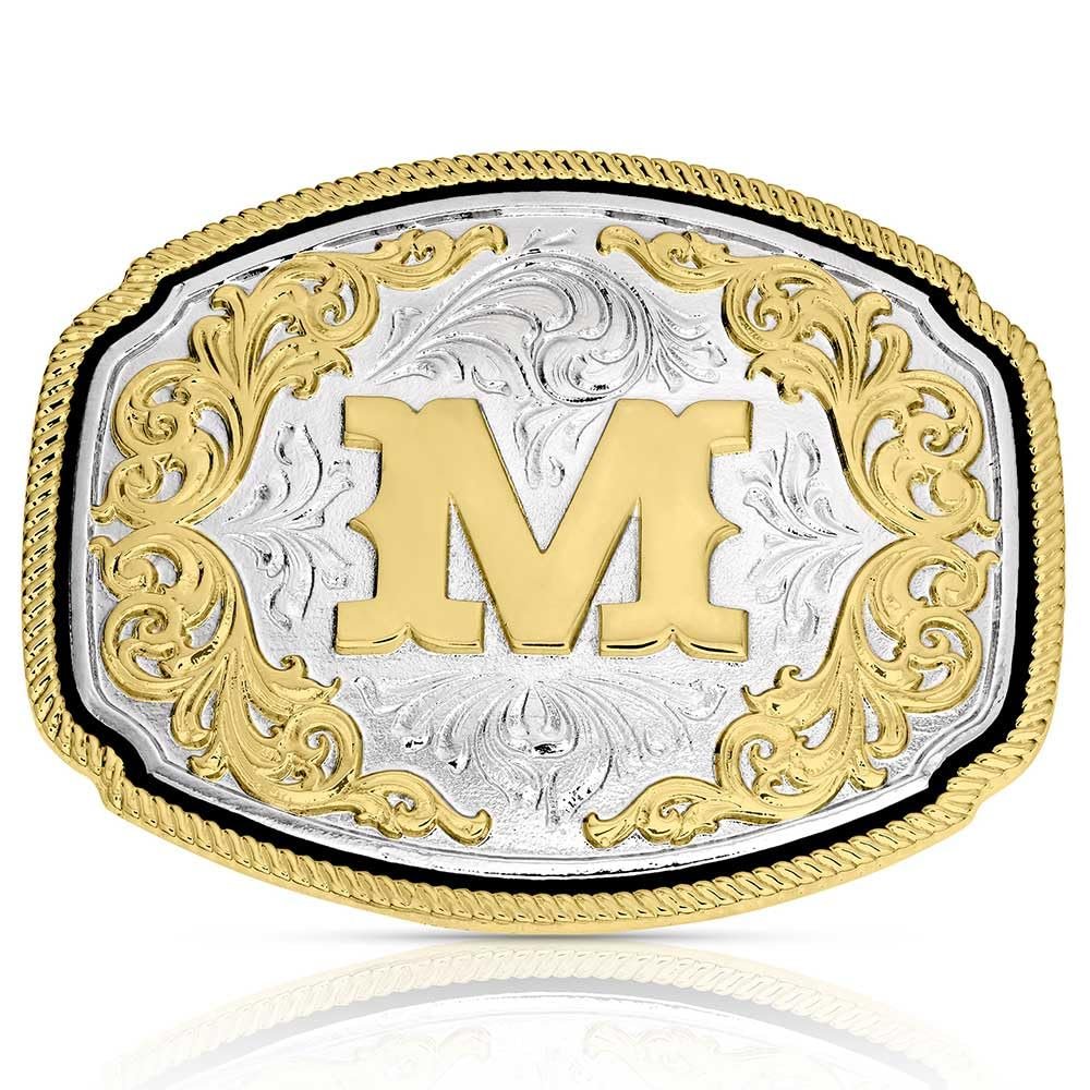 Montana Silversmiths Engraved Filigree Silver and Gold Tone Initial Rope Border Western Belt Buckle
