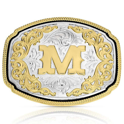 Montana Silversmiths Engraved Filigree Silver and Gold Tone Initial Rope Border Western Belt Buckle