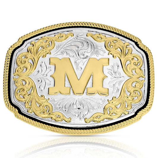 Montana Silversmiths Engraved Filigree Silver and Gold Tone Initial Rope Border Western Belt Buckle