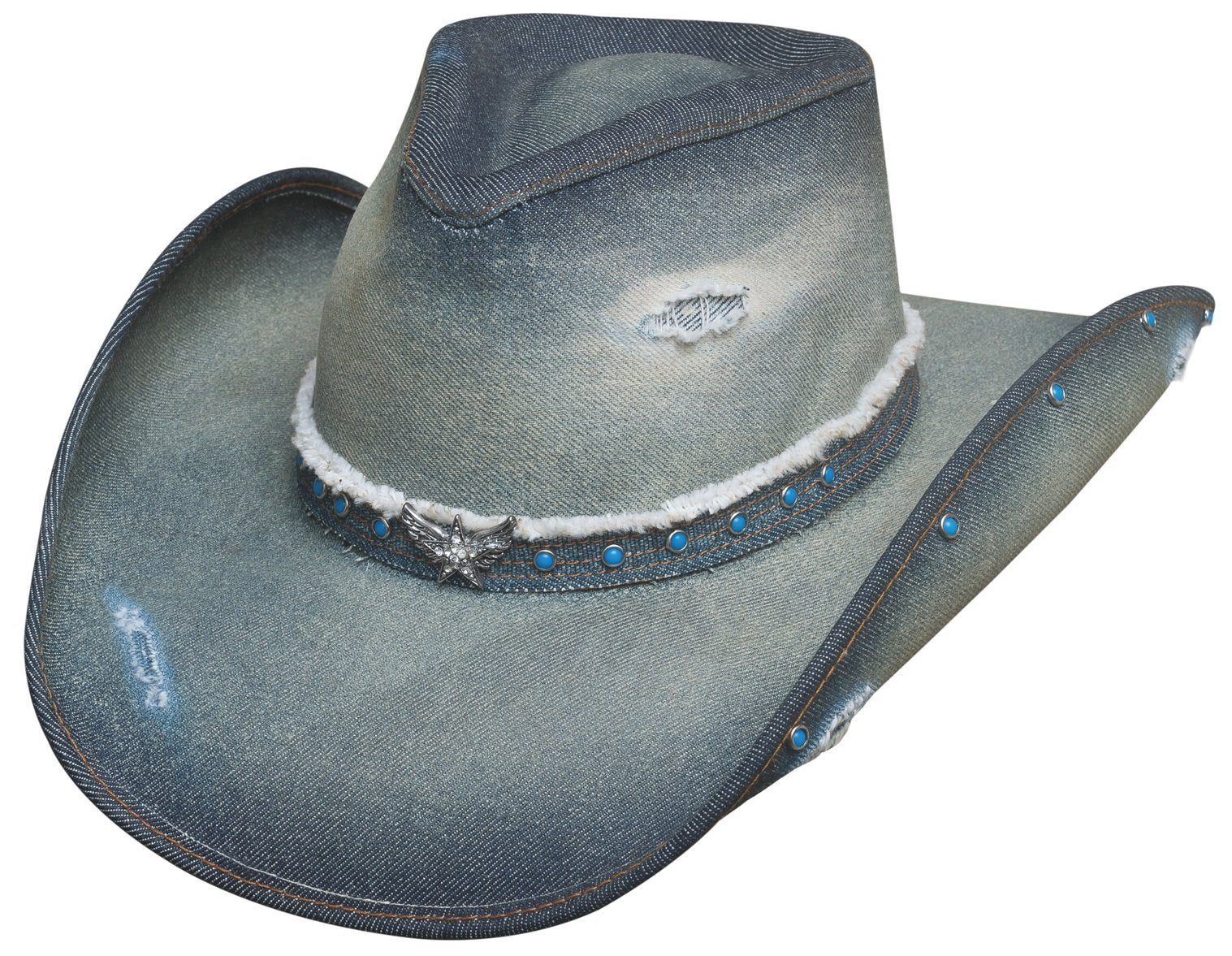 Chapeau de cowboy neuf Bullhide Anaheim denim pompons en cuir + pierres