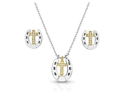 Montana Silversmiths Glowing Trails Cross Horseshoe Jewelry Set - JS5694