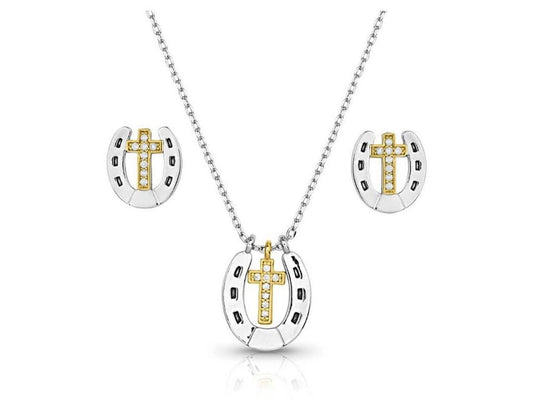 Montana Silversmiths Glowing Trails Cross Horseshoe Jewelry Set - JS5694