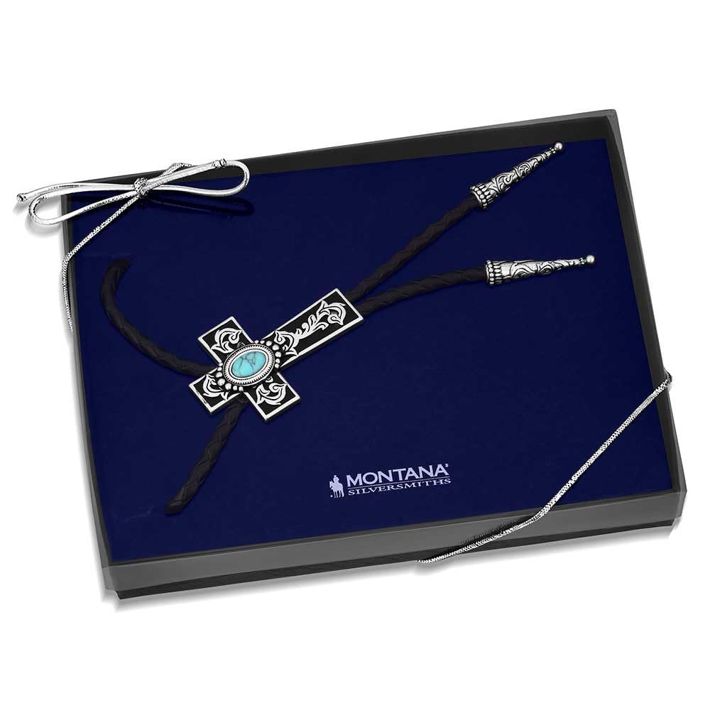 Montana Silversmiths Western Lifestyle Braided Leather Cord Silver Finished Arrow Pointed Tips Southwestern Style Bolo Tie