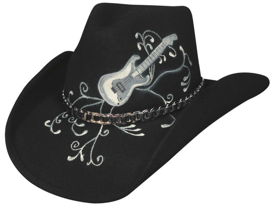 Rock & Roll Legend Wool Felt Western Cowboy Hat W/Air Brushed Guitar on Crown & Link Chain Hatband